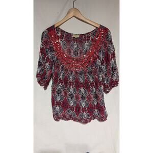 One World Women's 3/4 Sleeve Blouse Sz 1X Sequin‎ Red Black Geometric Boho Artsy